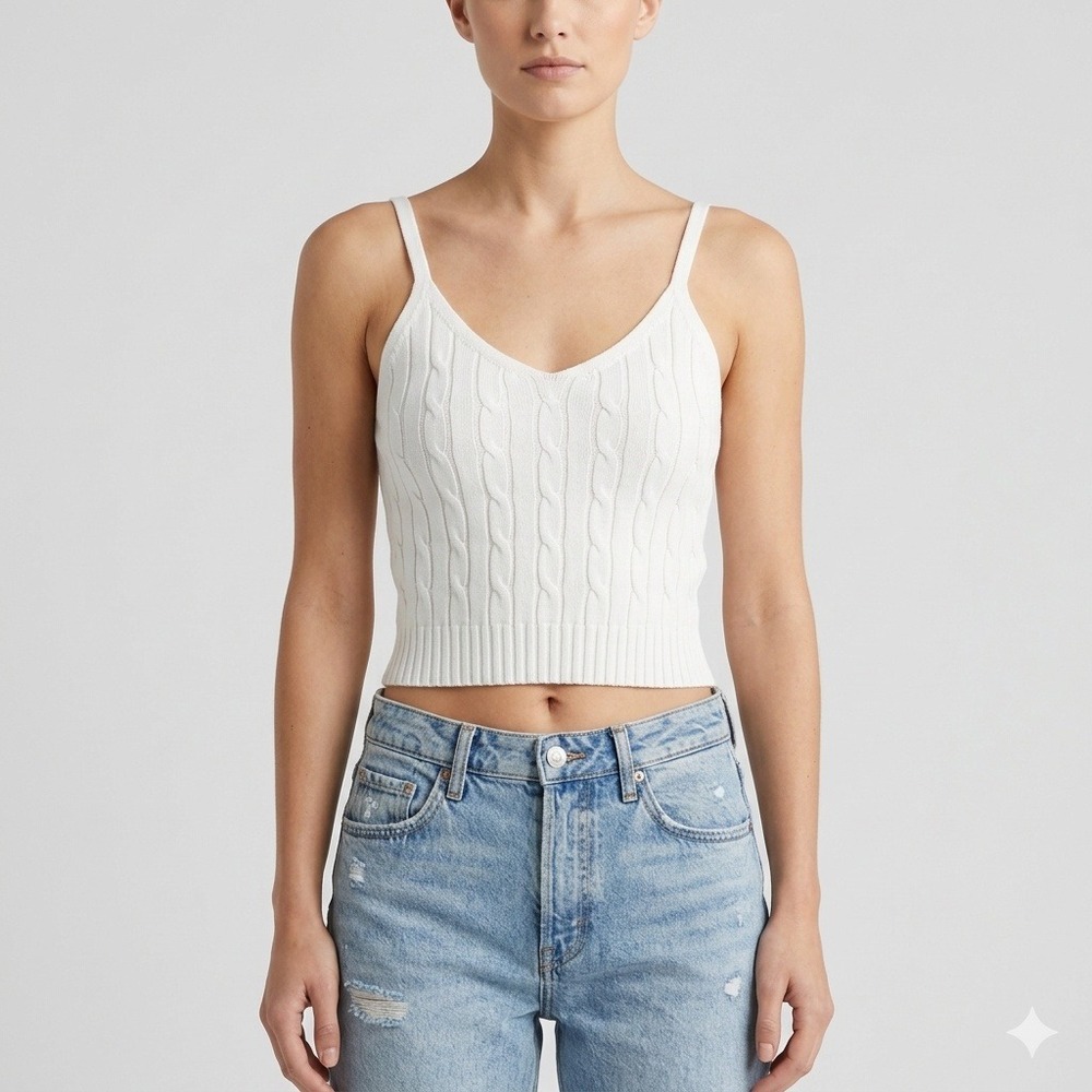 Cable Knit Crop Top Fitted Ribbed Tank White Size M‎ Soft Girl Ballet Summer Y2K
